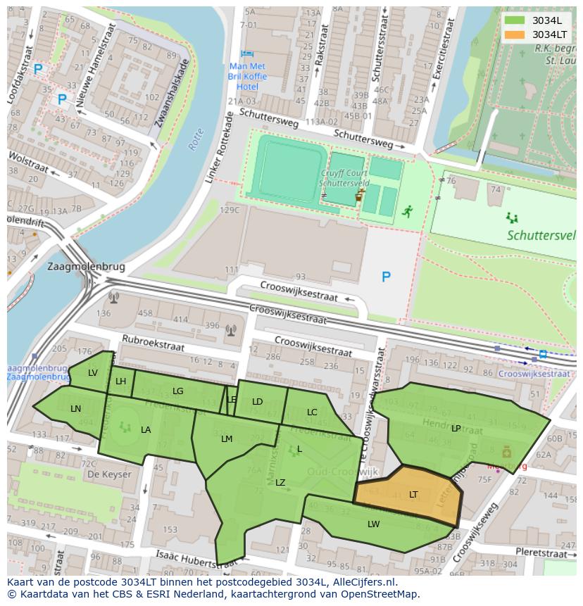 Afbeelding van het postcodegebied 3034 LT op de kaart.