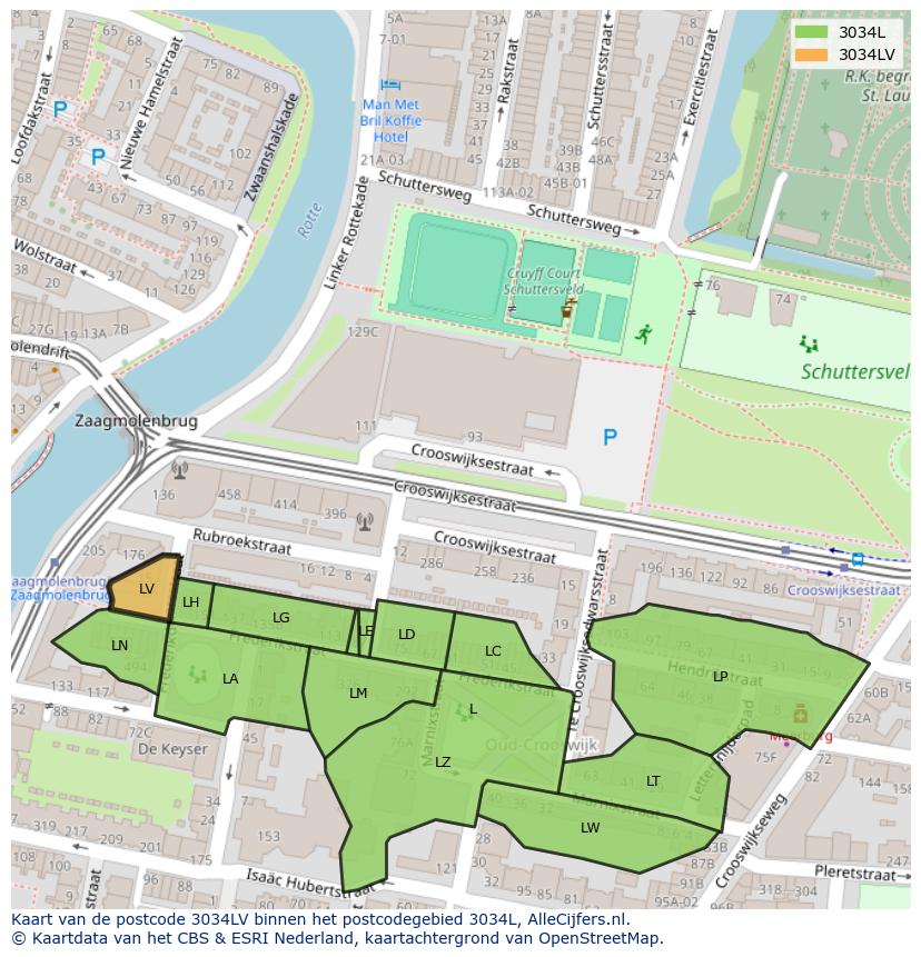 Afbeelding van het postcodegebied 3034 LV op de kaart.