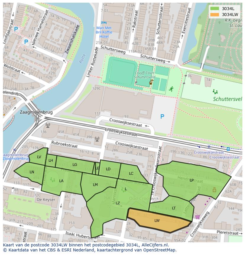 Afbeelding van het postcodegebied 3034 LW op de kaart.
