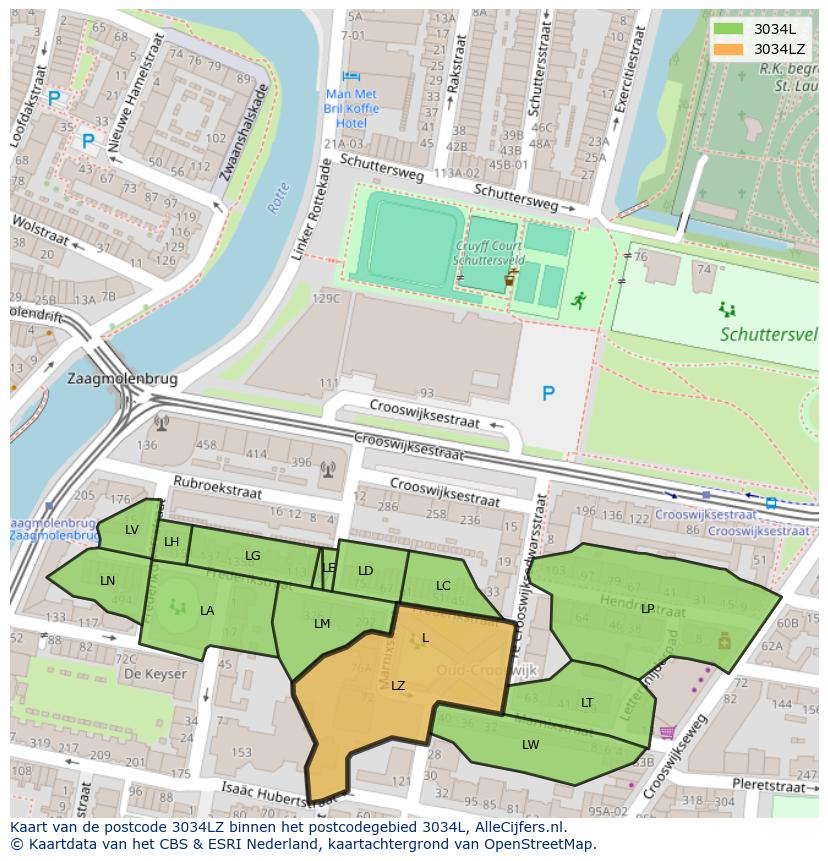 Afbeelding van het postcodegebied 3034 LZ op de kaart.