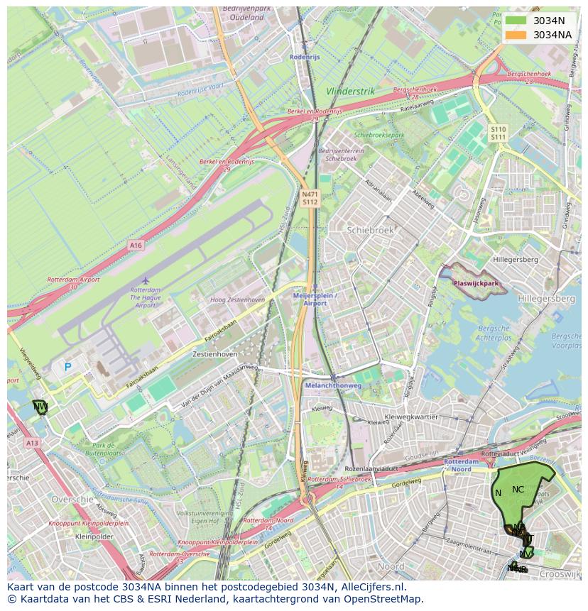Afbeelding van het postcodegebied 3034 NA op de kaart.