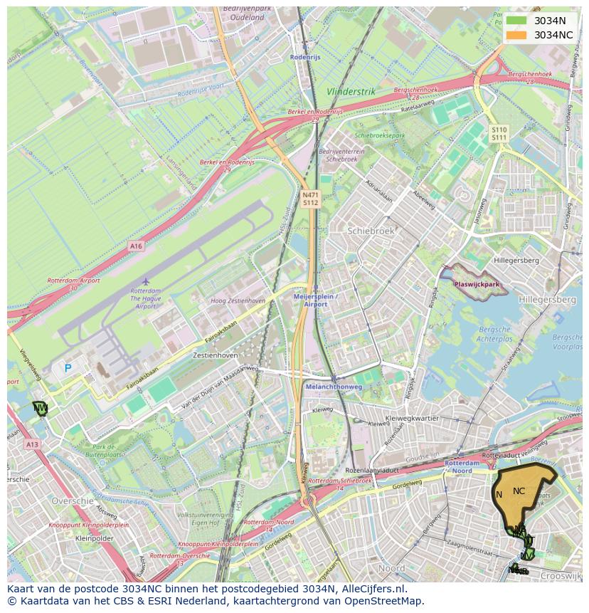 Afbeelding van het postcodegebied 3034 NC op de kaart.