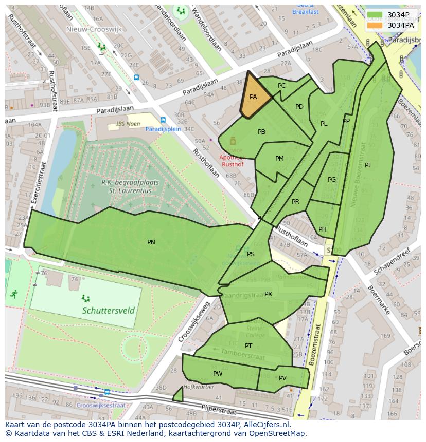 Afbeelding van het postcodegebied 3034 PA op de kaart.