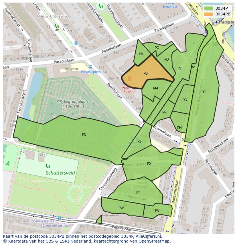 Afbeelding van het postcodegebied 3034 PB op de kaart.