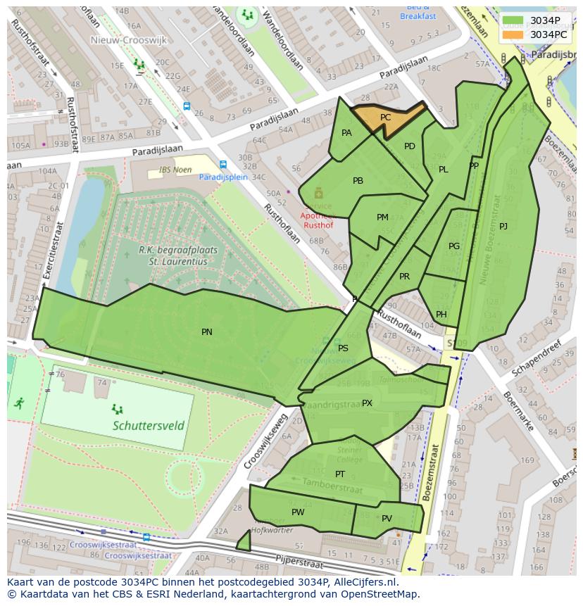 Afbeelding van het postcodegebied 3034 PC op de kaart.
