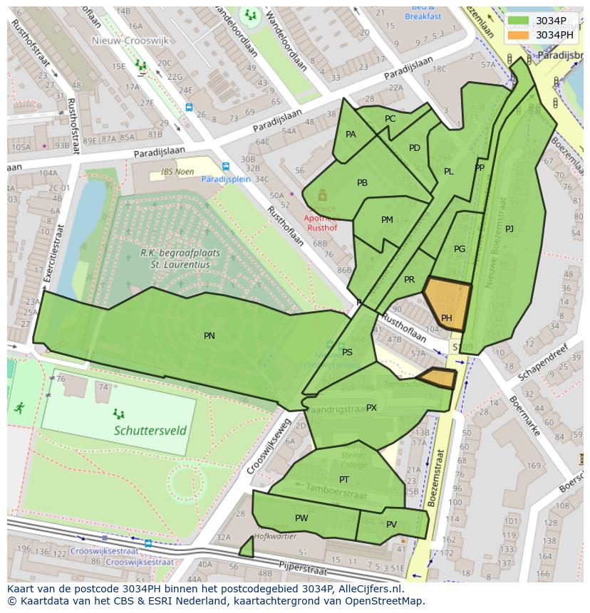 Afbeelding van het postcodegebied 3034 PH op de kaart.