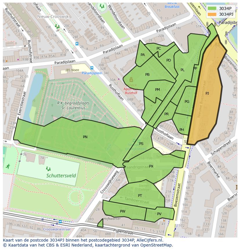 Afbeelding van het postcodegebied 3034 PJ op de kaart.