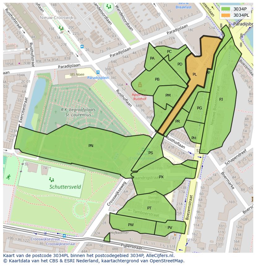 Afbeelding van het postcodegebied 3034 PL op de kaart.