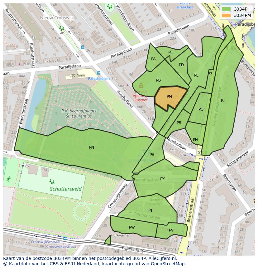 Afbeelding van het postcodegebied 3034 PM op de kaart.