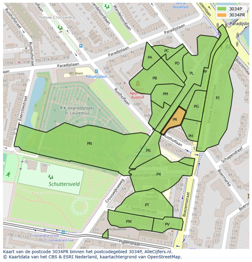 Afbeelding van het postcodegebied 3034 PR op de kaart.