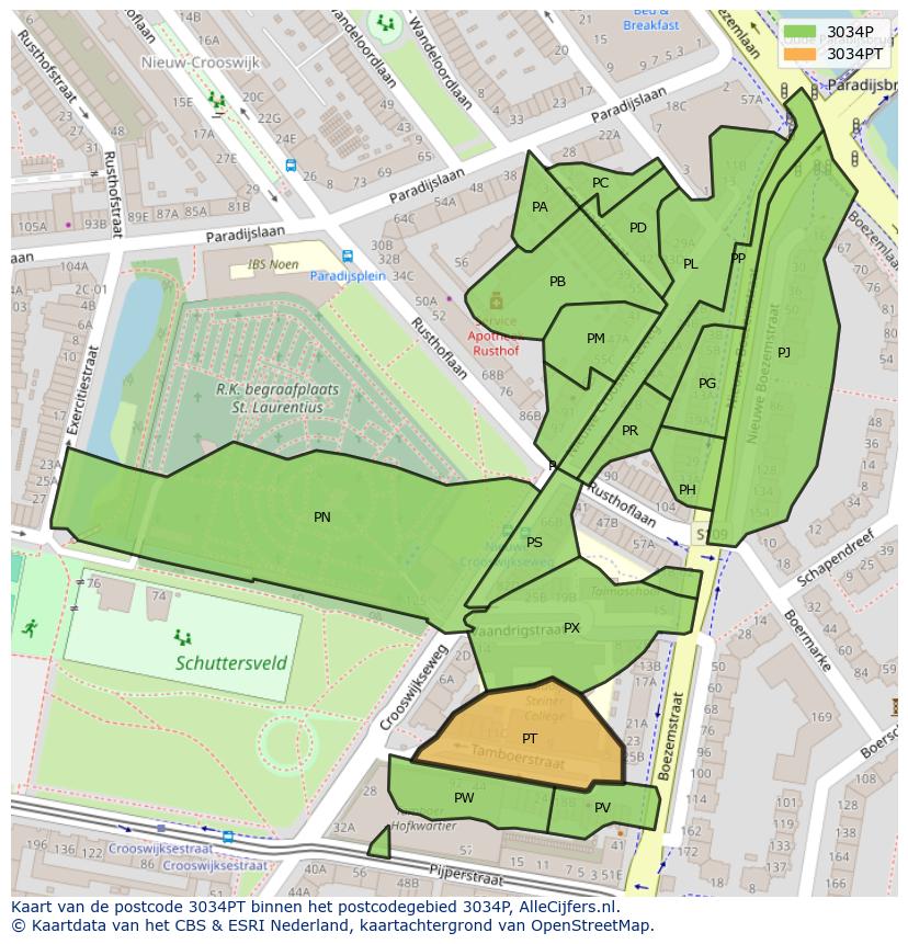 Afbeelding van het postcodegebied 3034 PT op de kaart.