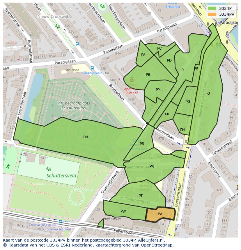 Afbeelding van het postcodegebied 3034 PV op de kaart.