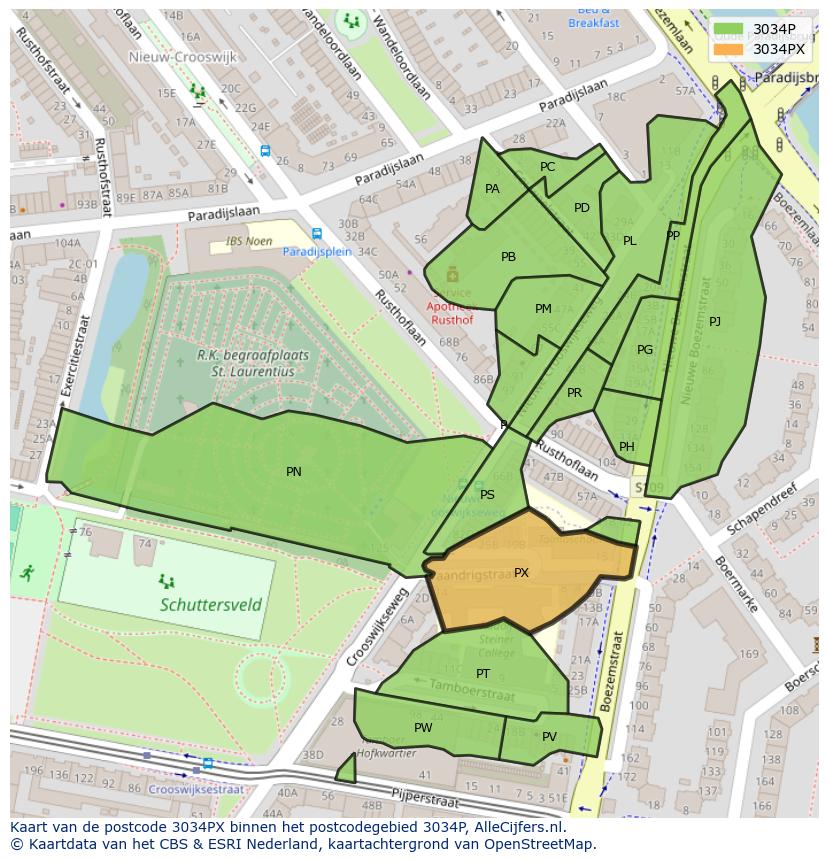 Afbeelding van het postcodegebied 3034 PX op de kaart.