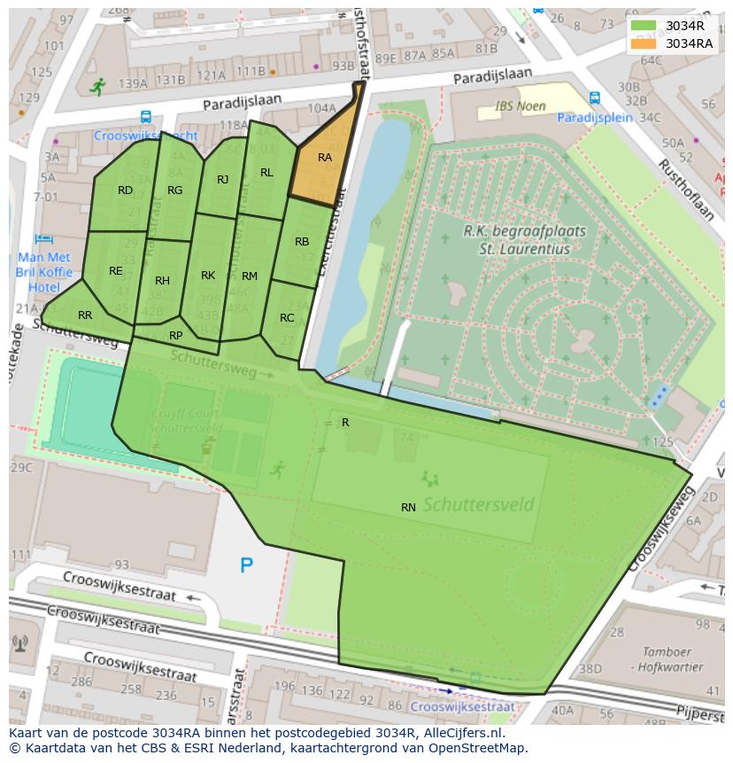 Afbeelding van het postcodegebied 3034 RA op de kaart.