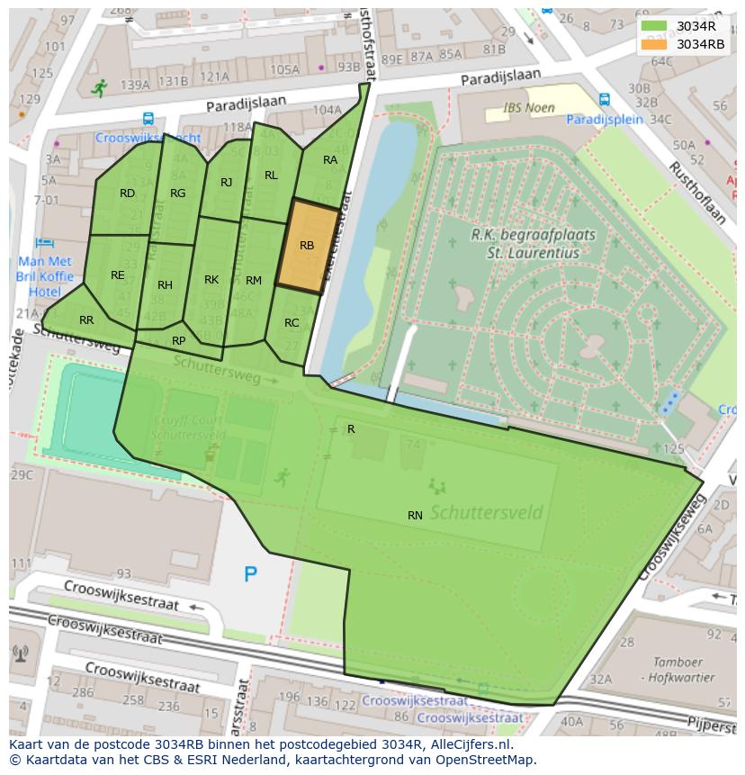 Afbeelding van het postcodegebied 3034 RB op de kaart.