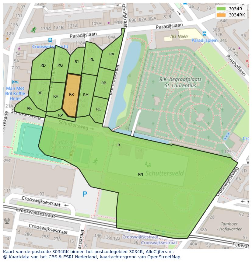 Afbeelding van het postcodegebied 3034 RK op de kaart.