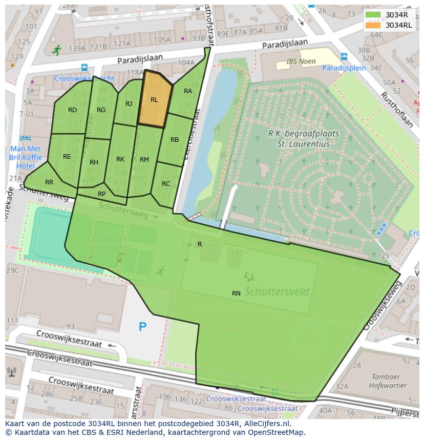 Afbeelding van het postcodegebied 3034 RL op de kaart.
