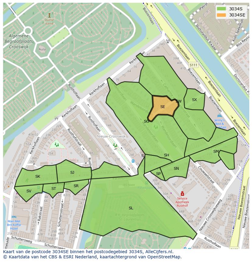 Afbeelding van het postcodegebied 3034 SE op de kaart.