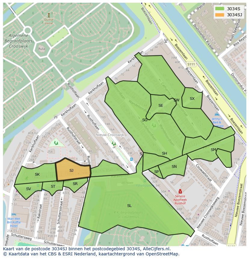 Afbeelding van het postcodegebied 3034 SJ op de kaart.