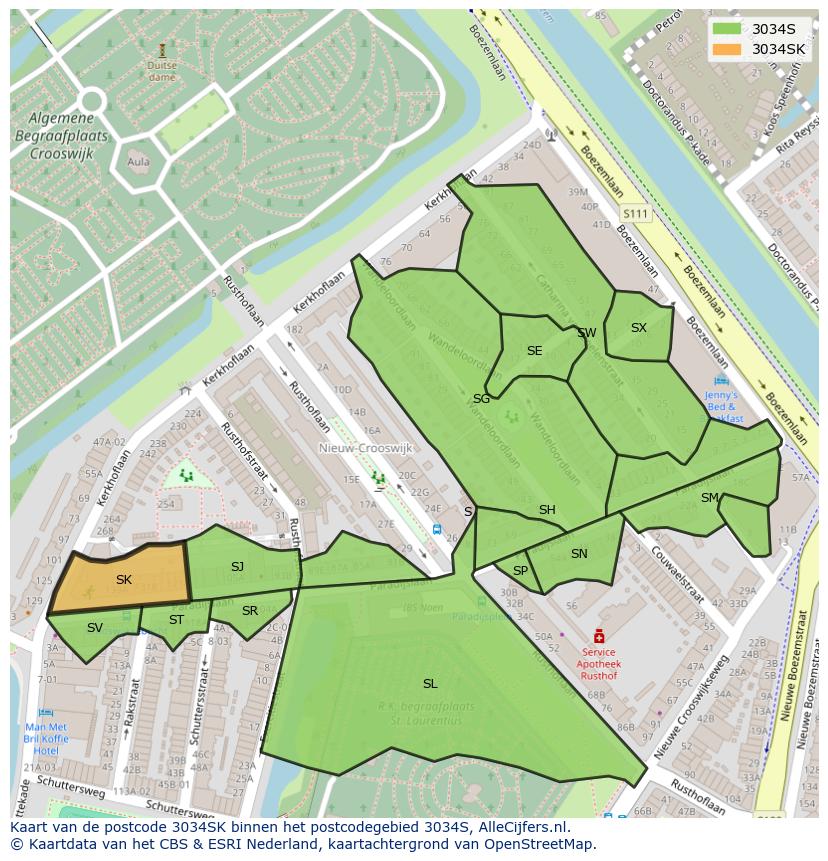 Afbeelding van het postcodegebied 3034 SK op de kaart.