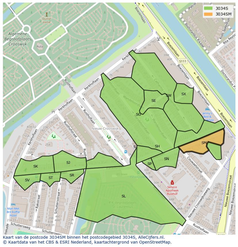Afbeelding van het postcodegebied 3034 SM op de kaart.