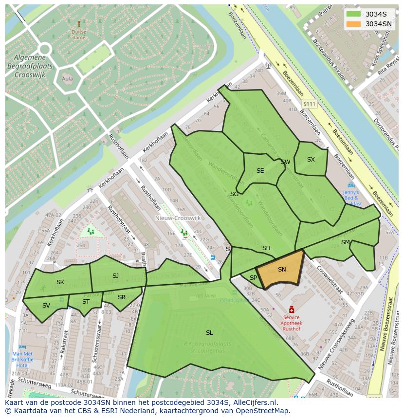 Afbeelding van het postcodegebied 3034 SN op de kaart.