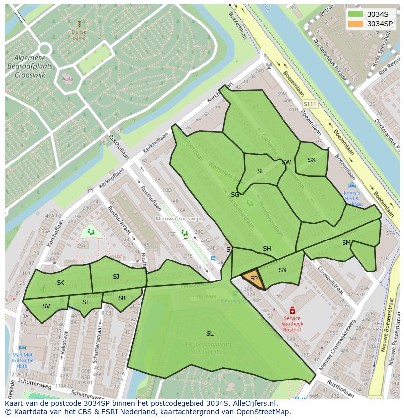 Afbeelding van het postcodegebied 3034 SP op de kaart.