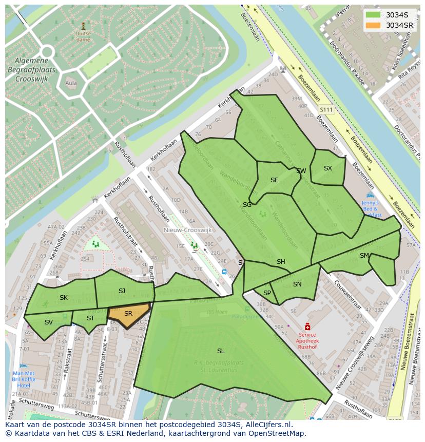 Afbeelding van het postcodegebied 3034 SR op de kaart.