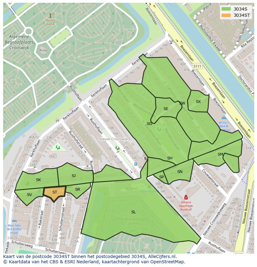 Afbeelding van het postcodegebied 3034 ST op de kaart.