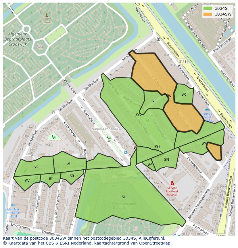 Afbeelding van het postcodegebied 3034 SW op de kaart.