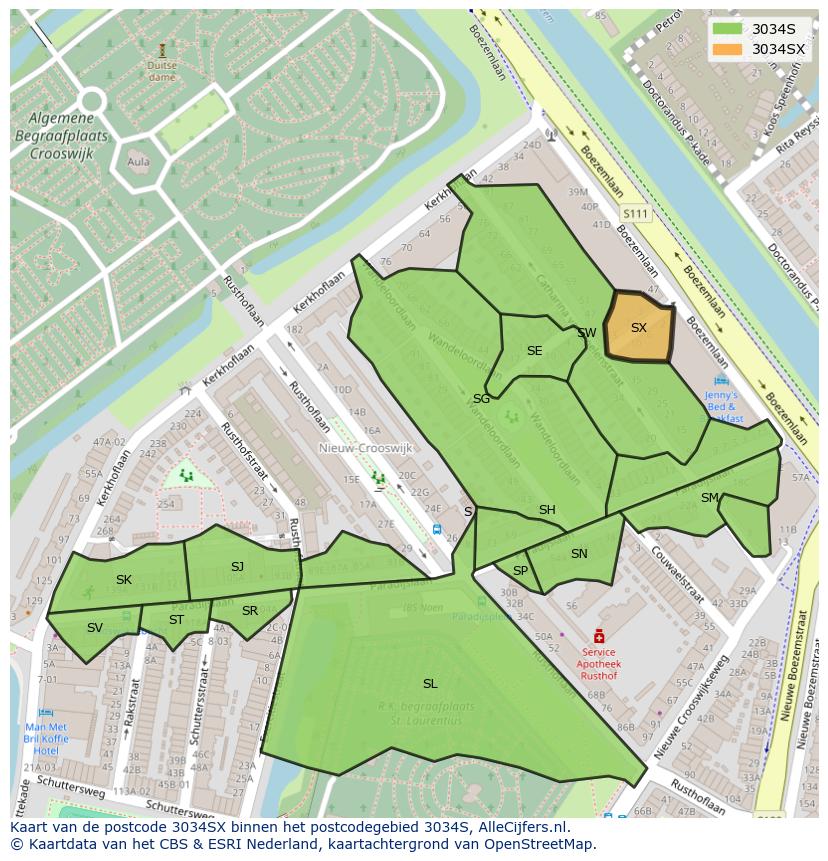 Afbeelding van het postcodegebied 3034 SX op de kaart.