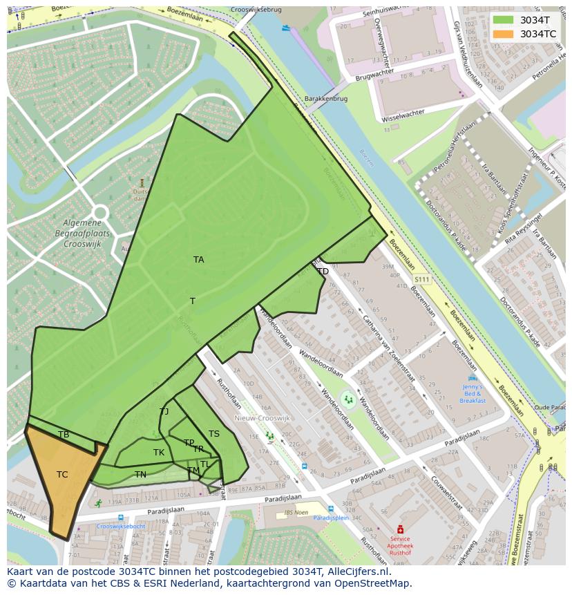 Afbeelding van het postcodegebied 3034 TC op de kaart.