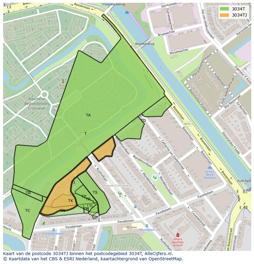 Afbeelding van het postcodegebied 3034 TJ op de kaart.