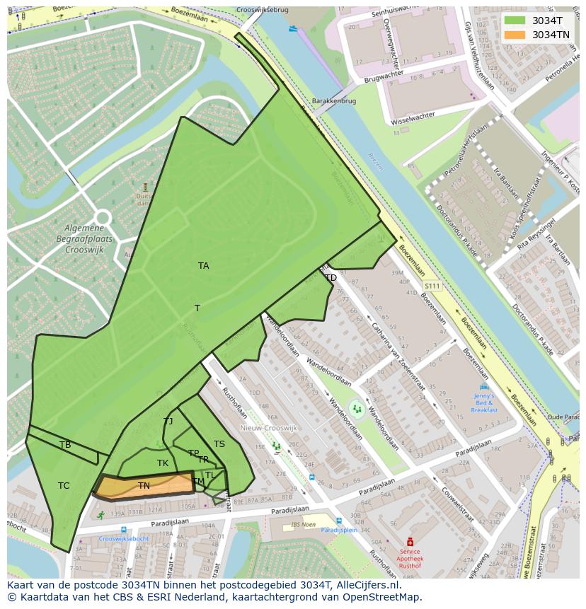 Afbeelding van het postcodegebied 3034 TN op de kaart.