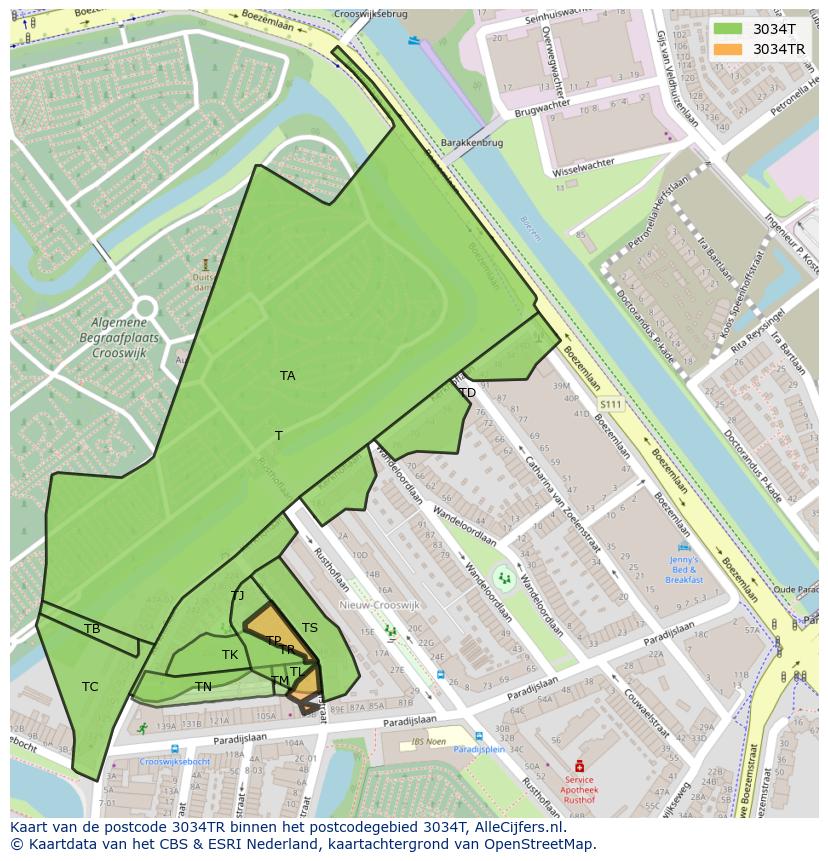 Afbeelding van het postcodegebied 3034 TR op de kaart.