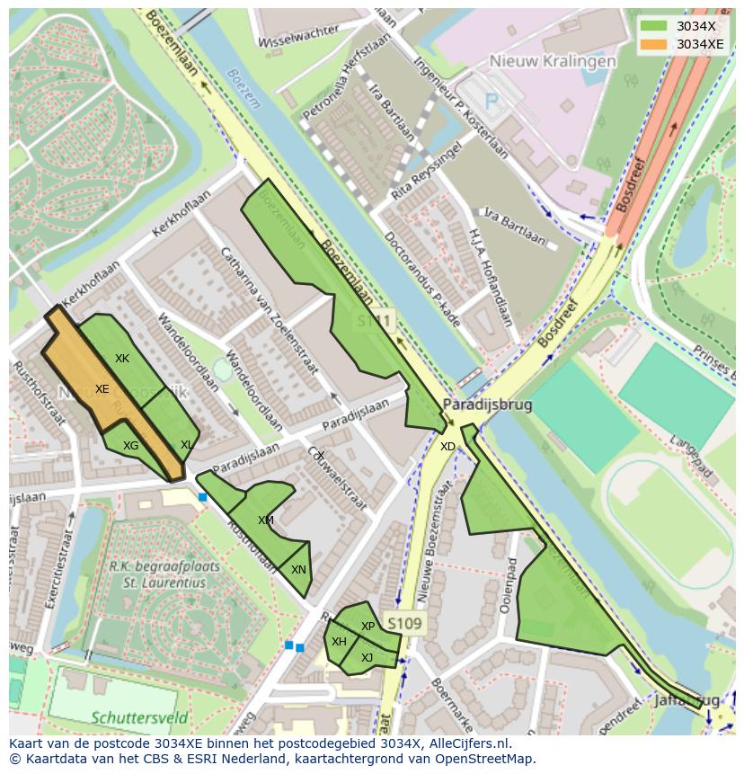Afbeelding van het postcodegebied 3034 XE op de kaart.