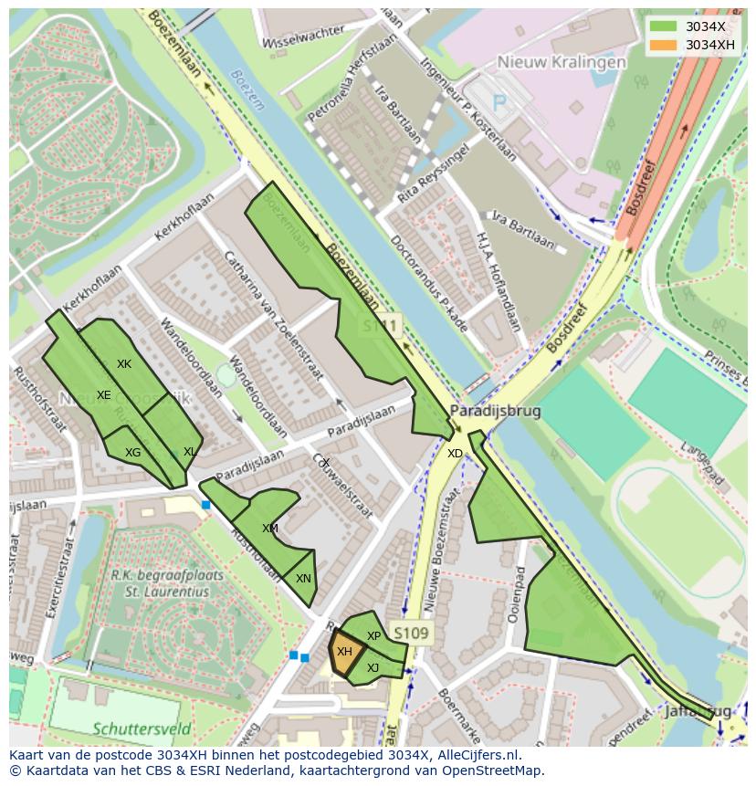 Afbeelding van het postcodegebied 3034 XH op de kaart.