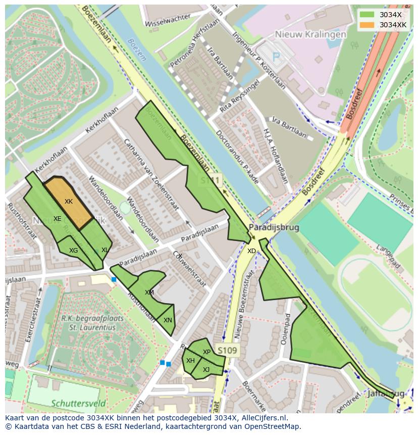 Afbeelding van het postcodegebied 3034 XK op de kaart.