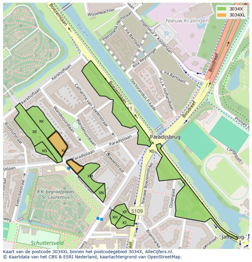 Afbeelding van het postcodegebied 3034 XL op de kaart.