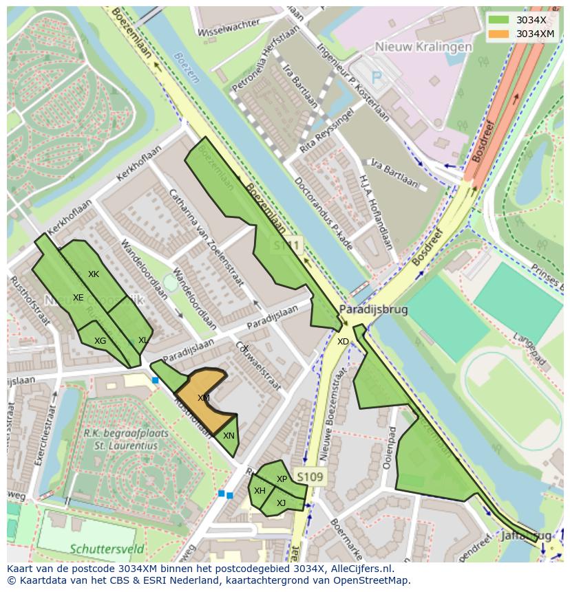 Afbeelding van het postcodegebied 3034 XM op de kaart.