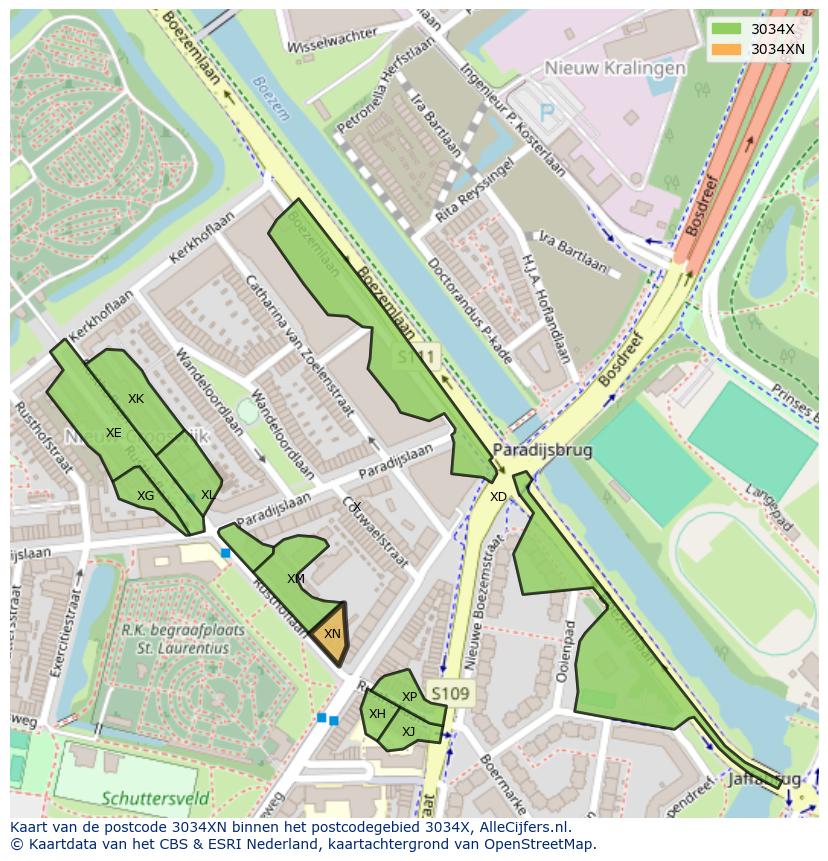 Afbeelding van het postcodegebied 3034 XN op de kaart.