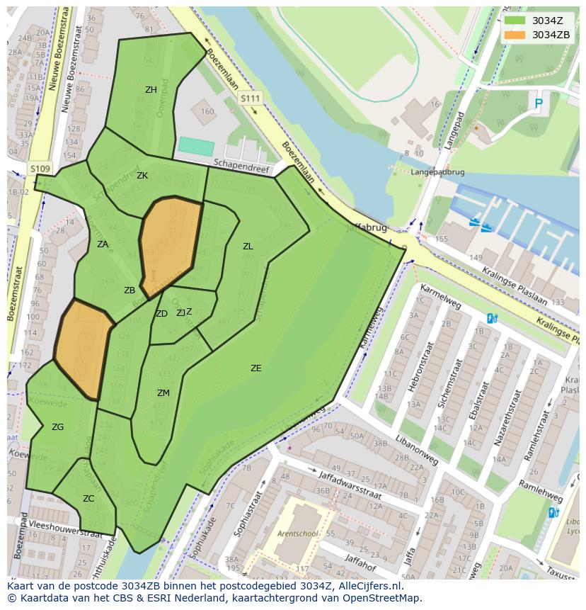 Afbeelding van het postcodegebied 3034 ZB op de kaart.