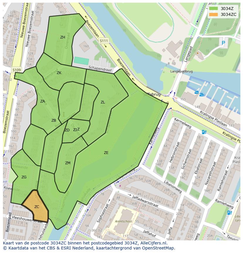 Afbeelding van het postcodegebied 3034 ZC op de kaart.