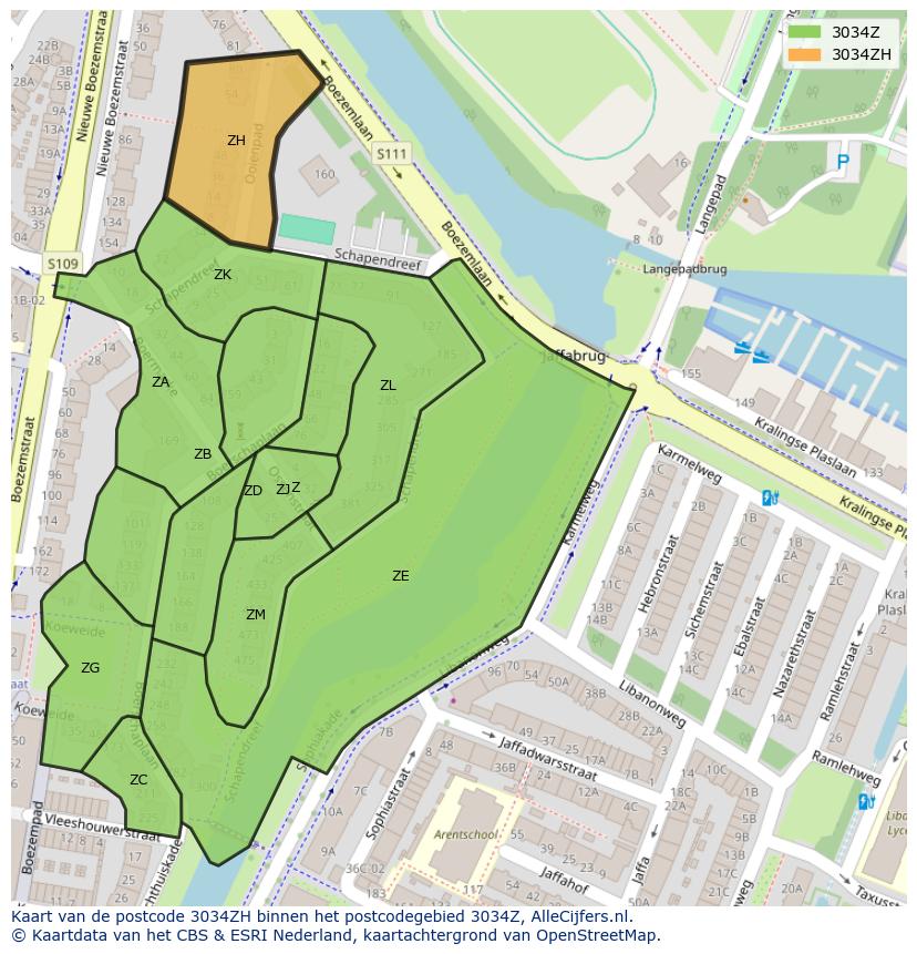 Afbeelding van het postcodegebied 3034 ZH op de kaart.