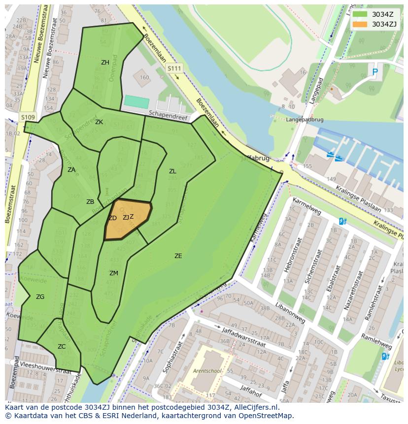 Afbeelding van het postcodegebied 3034 ZJ op de kaart.