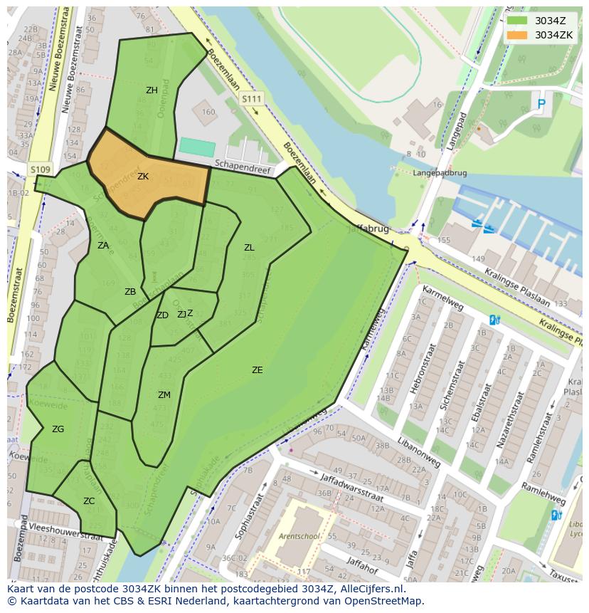 Afbeelding van het postcodegebied 3034 ZK op de kaart.