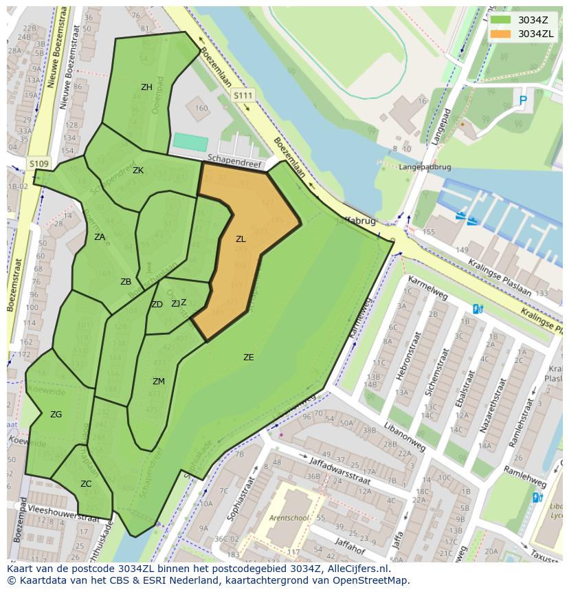 Afbeelding van het postcodegebied 3034 ZL op de kaart.