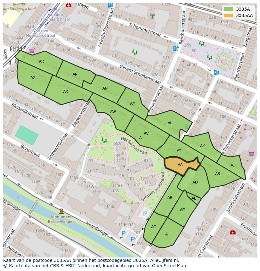 Afbeelding van het postcodegebied 3035 AA op de kaart.