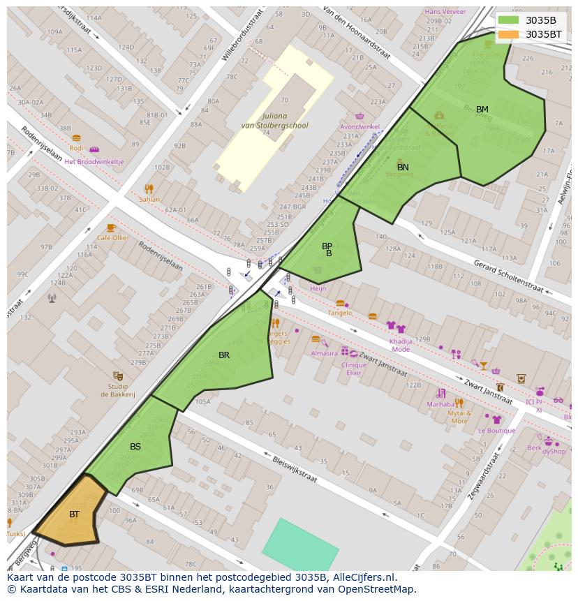 Afbeelding van het postcodegebied 3035 BT op de kaart.