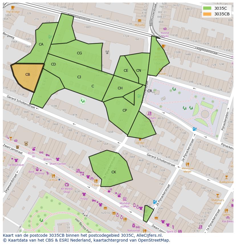 Afbeelding van het postcodegebied 3035 CB op de kaart.